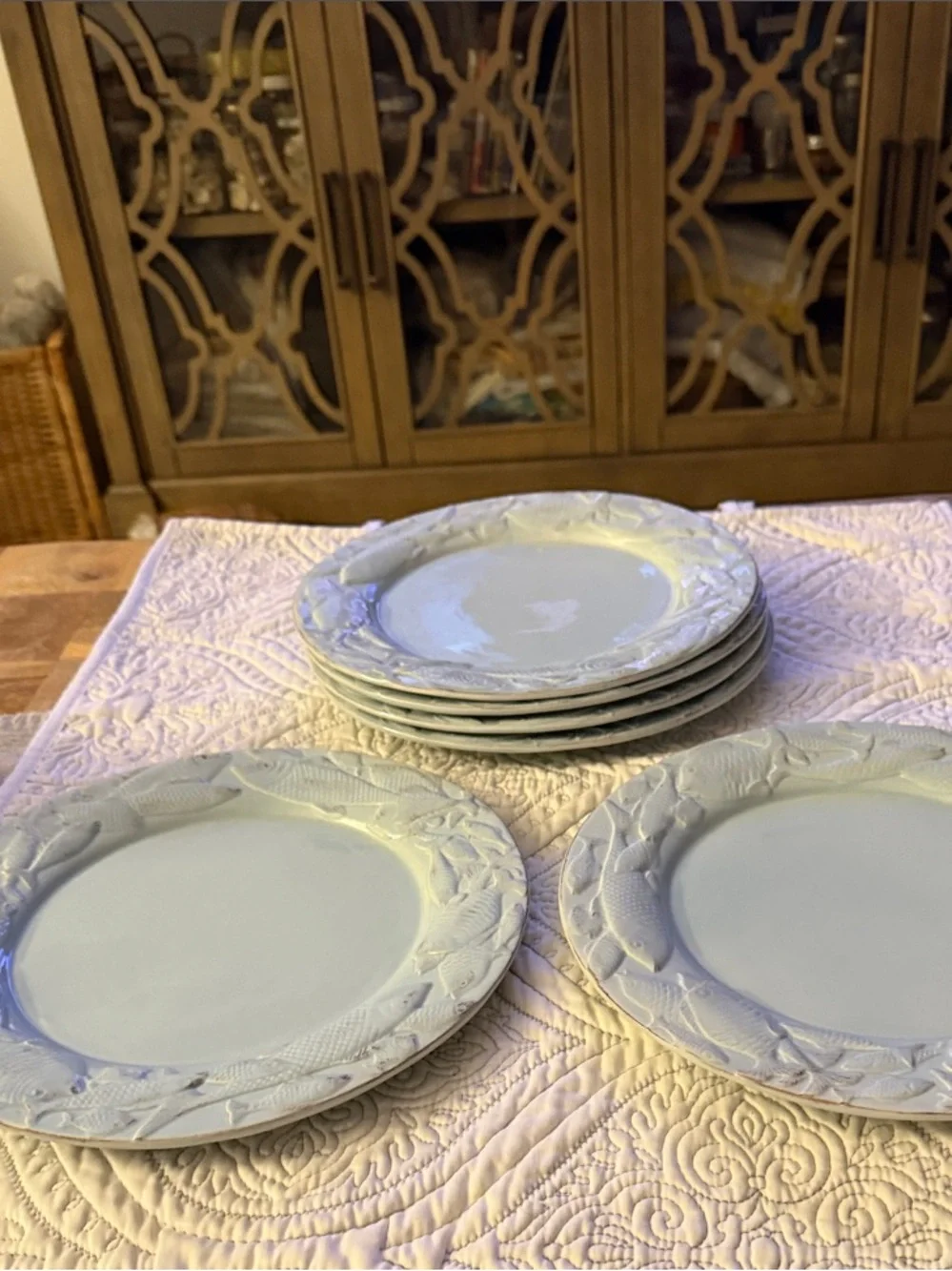 Set of Six Seaglass Blue Fish Motif Plates approximately 10” Diameter